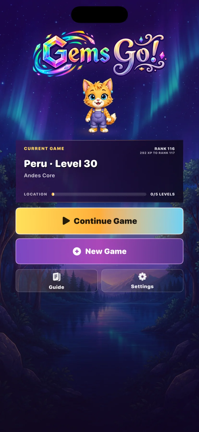 Gems GO! main menu showing Mochi and the current journey