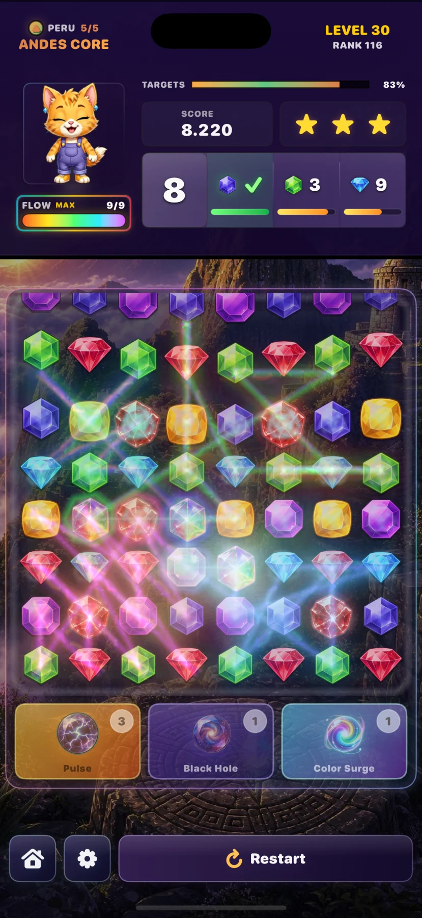 A Gems GO! level with Prism Storm special gems activated