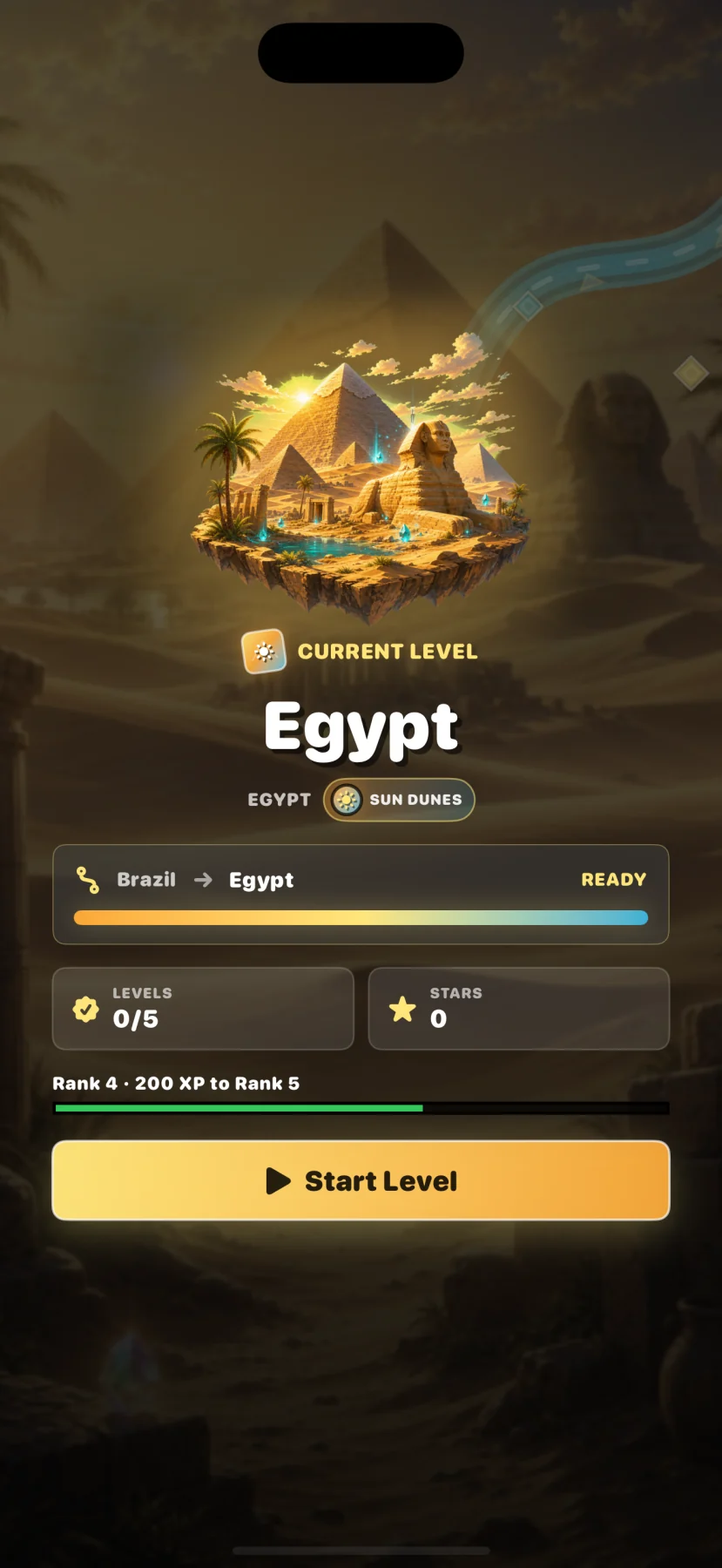 Gems GO! world journey screen showing Egypt as the current destination
